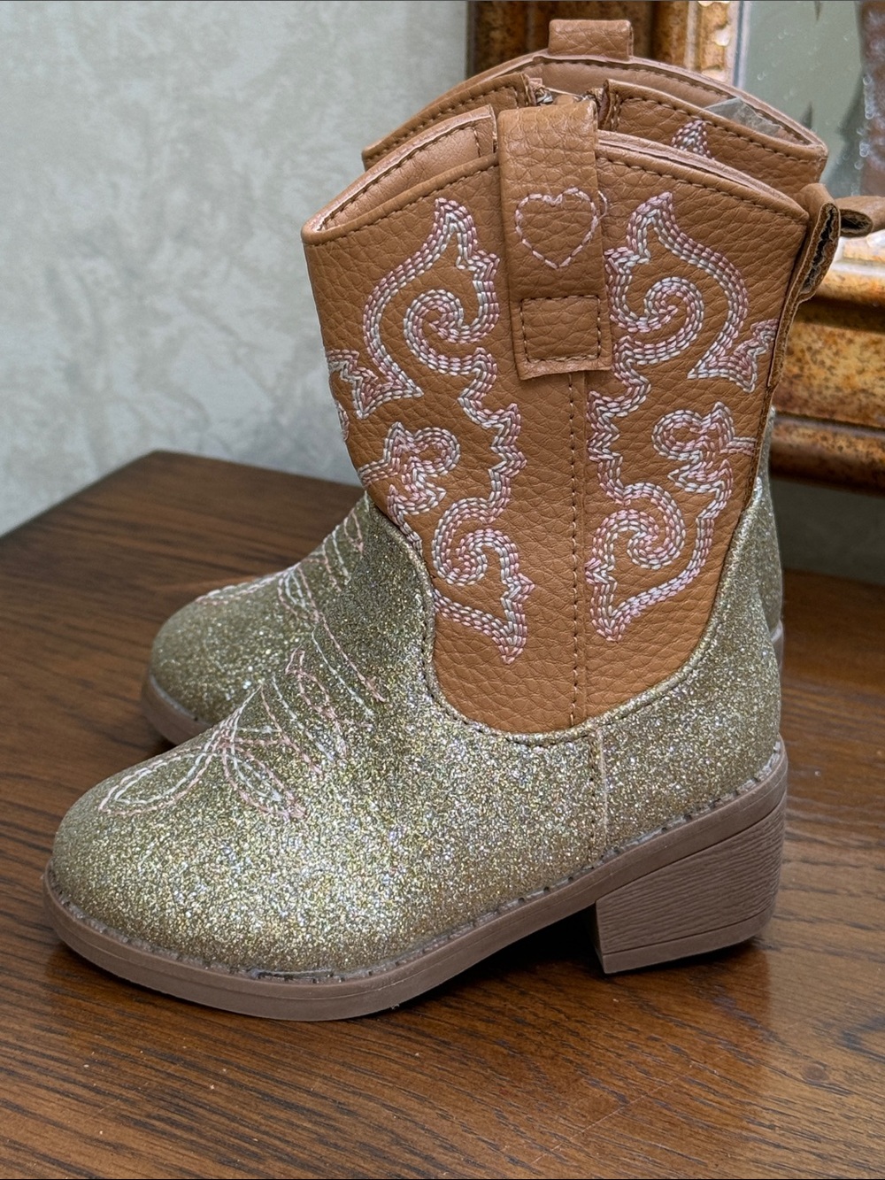 New w/o tag. First Steps Girls Glitter Cowboy Boots - Gold and Tan. Size 5.
